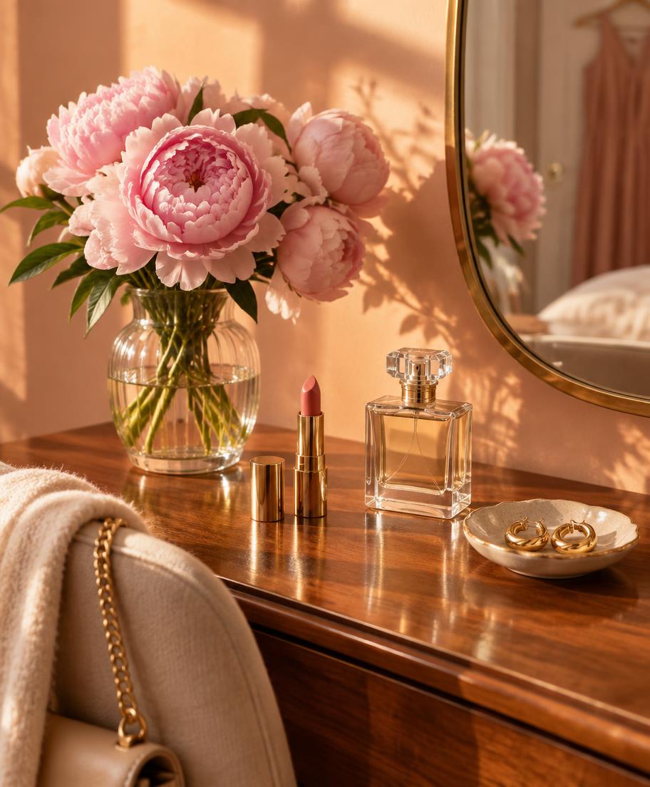 Peonies and lipstick on a dressing table